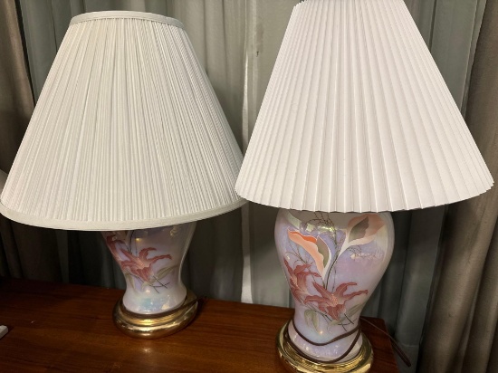 Two lamps 231/2 inches tall floral design with opalescent glass shades do not match