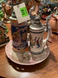 Decorative floral plate, 2 German beer stein mugs