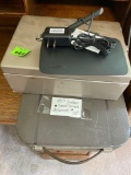 Linksys WiFi router, metal lock box, vintage skywriter