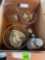 Box of glass trinkets, salt and pepper shakers, glass pitcher, and small glass floral decor
