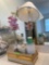 Tissue box holder, cotton pad jar, lamp, cup dispenser and glass vase with artificial flowers