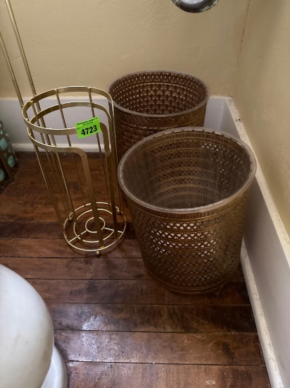 Two waster baskets and tissue roll holder