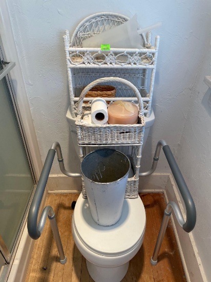 Bathroom organizing baskets, trash can, toilet safety rail