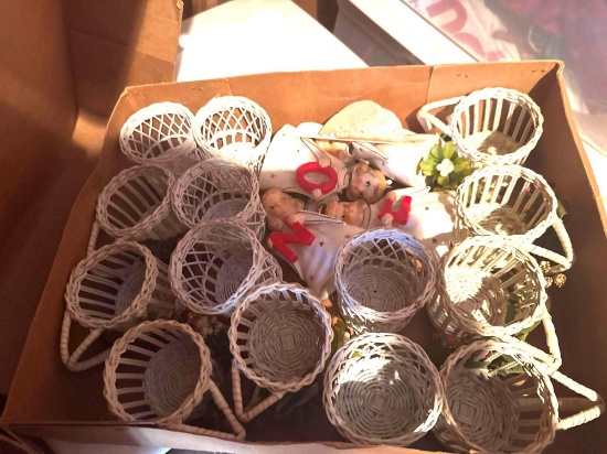 Tote with Christmas lights and other Christmas decor, and gels and small wicker baskets