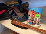 Tin containers, clothing, brush, vintage hats, and caps, waterproof fitted vinyl mattress,