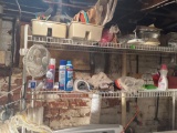 Metal shelves included, fan, cleaning supplies, all contents on racks