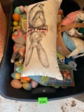 Storage tote full of Easter decor, Easter eggs, and more