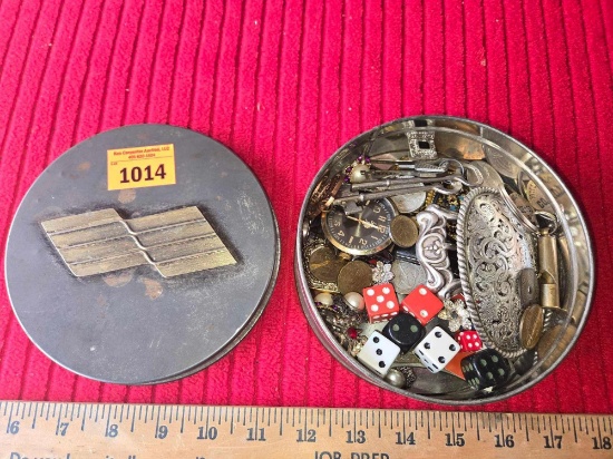 Vintage Metal Tin with Lid and Assorted Vintage and Antique Items. Jewelry, Watches, Keys, Coins,