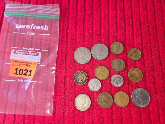 14 Assorted Foreign Coins. All with Queen Elizabeth On Front. Assorted Dates in the 1950s and 1960s.
