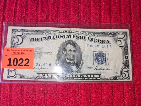1953 A Series, 5 Dollar Silver Certificate. In Plastic Sleeve