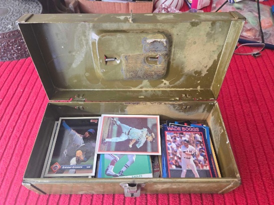 Metal Box with Assorted Baseball and Collectible Cards.
