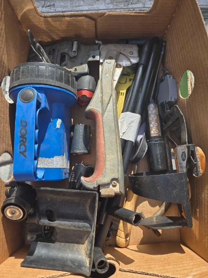 Box of Assorted Tools, Flashlights, and Hardware.