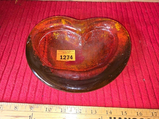 Vintage Heart Shaped, Heavy, Blown Glass Bowl.