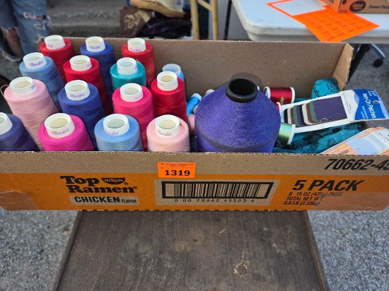 Box of Assorted Sewing Items and Thread.
