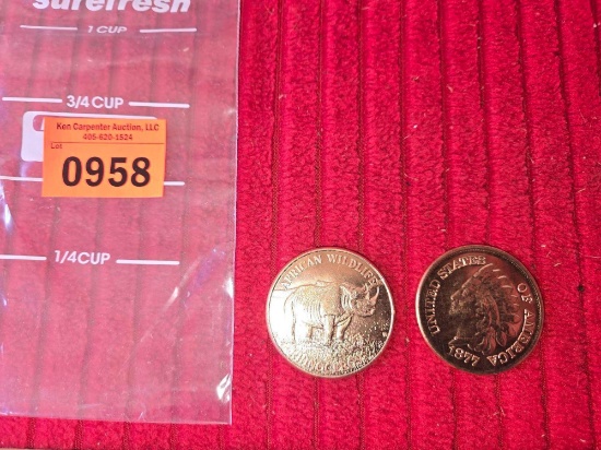 2 Copper Rounds. African Wildlife Rhinoceros, and Indian Head Penny Commerative. Each Round is 1
