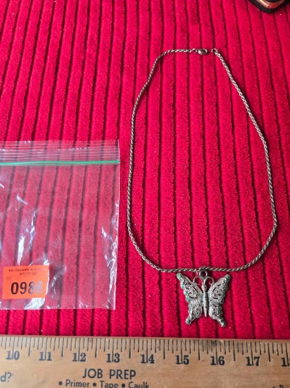 Vintage Butterfly Pendant with Stones and Rope Chain Neclace. Jewelry
