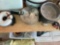 Donut bite maker, pressure cooker, Presto fryer and a box with koozies, 2 plastic containers and