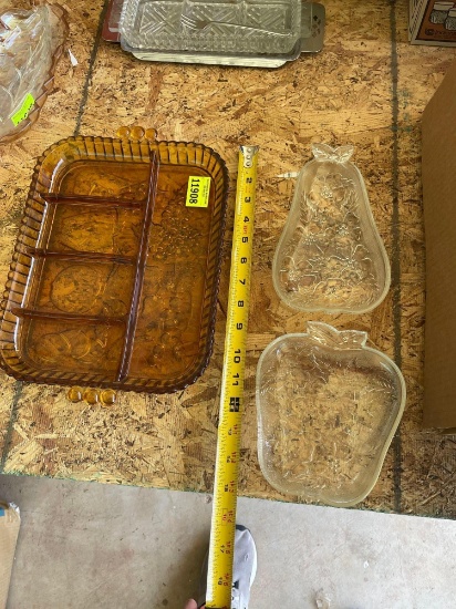 Vintage Amber glass divided serving tray, apple shaped serving tray and pear shaped serving tray