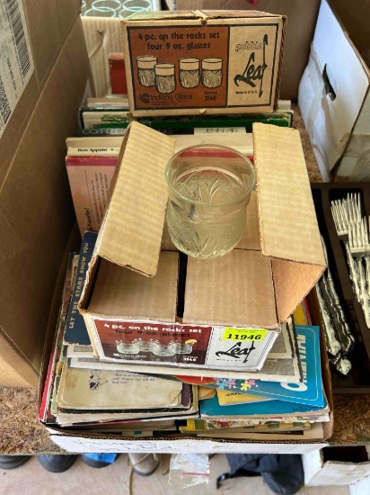 8 on the rocks glasses and box of cookbooks