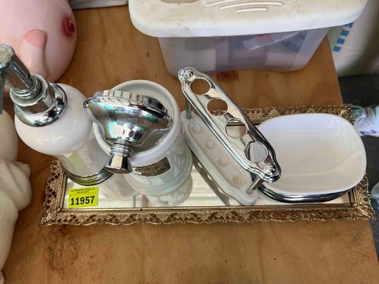 Vanity tray with soap dispenser, toothpaste holder, bar soap holder and cotton ball holder