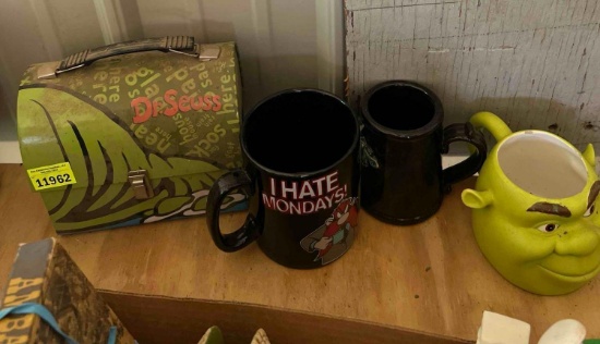 Dr Seuss lunch box, Shrek coffee mug and 2 other collector mugs