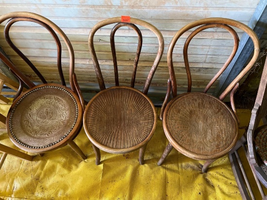 3 Antique wooden chairs, 2 with wooden seats and 1 with leather seat