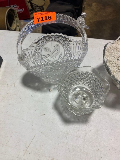Vintage Hofbauer Byrdes collection crystal basket,compote dish, Diamond pattern bowl