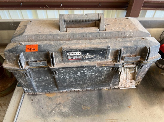Stanley plastic toolbox with miscellaneous socket, screwdrivers, and other items