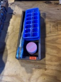 Small wooden box with plastic ice tray, vintage Dodge ram hood ornament, and universal dust cleaning