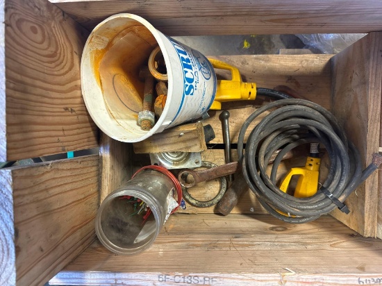 Wood crate with extension cord wire, Power grip extension cord, caster, sm zip ties and more