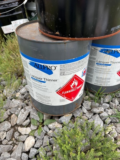 3 - 5 gallon containers, 2 are lacquer thinner 1 unknown Contents unknown Buyer responsible loading