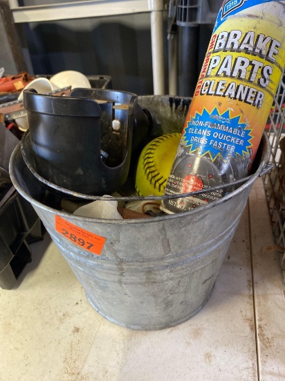 Metal bucket with parts cleaner, softball, nuts, bolts and other items