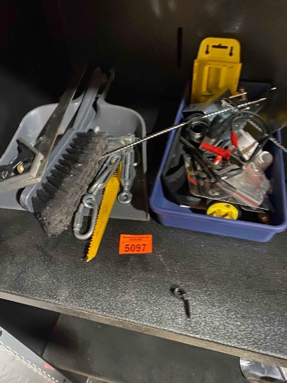 Small dust pan with hand broom, saw blade and other items