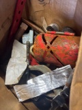 Box with saw blade, bolts, clamp, other various items