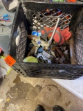 Black milk crate with gas pipe fittings, softball, gaskets and other items