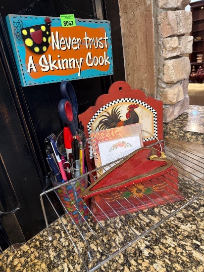 Chicken note book holder, Chicken signs, pens markers, rack