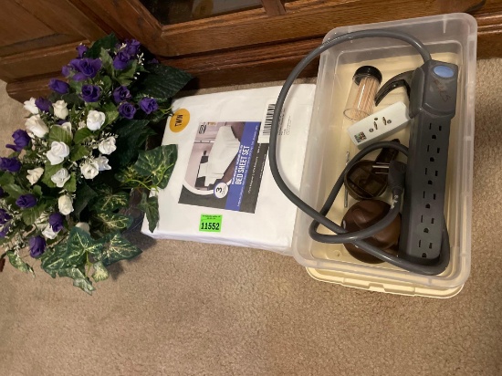 Artificial flowers, power strip, hammer, poo emoji stress toy, fake dog poo, twin size bed sheet,