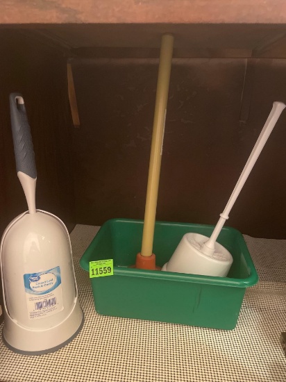 2 toilet bowl brushes, plunger, and green tub