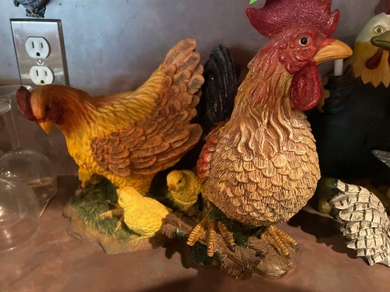 2 chicken decor statues, a hen with chicks and rooster