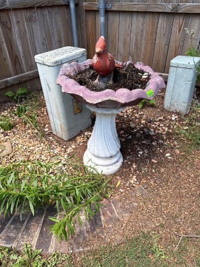 Bird bath and cardinal yard decor