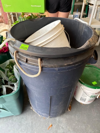 2 black tubs, 1 trash can and a bucket