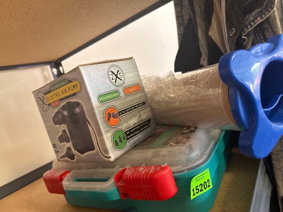 first aid kit, saran wrap, and a pump