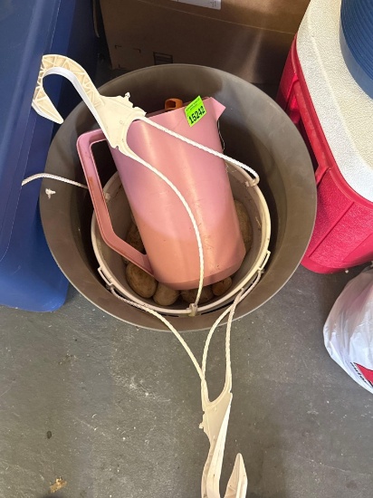 Garden hanging baskets, pot, and pitcher