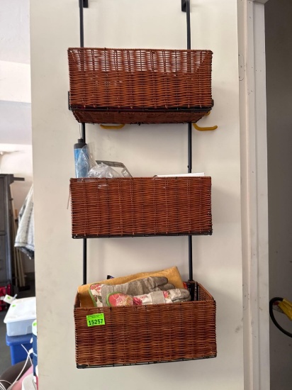 Wicker basket door shelves, work gloves, outdoor floodlight, basketball pump, plastic repair kit,