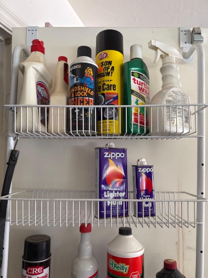 Wire shelving, STP tire care, tire air inflatter windshield deicer, turtle wax, lighter fluid,