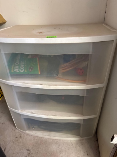 Plastic drawer cabinet, extension cords, coaxial, cable, air-conditioning, cover, light switches,