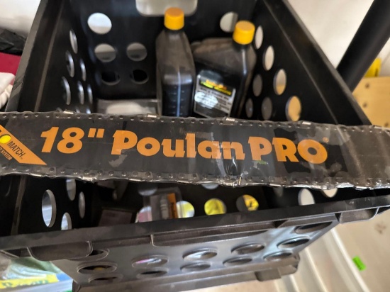 Crate, chainsaw, oil, oil for two cycle engine, weed eater string, spark plug, Poulan pro 18 inch