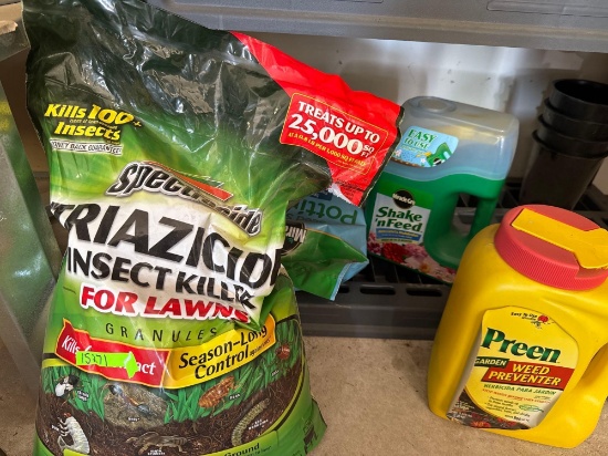 Insect killer, ice melt, topsoil, miracle grow, garden weed, preventer, planter pots