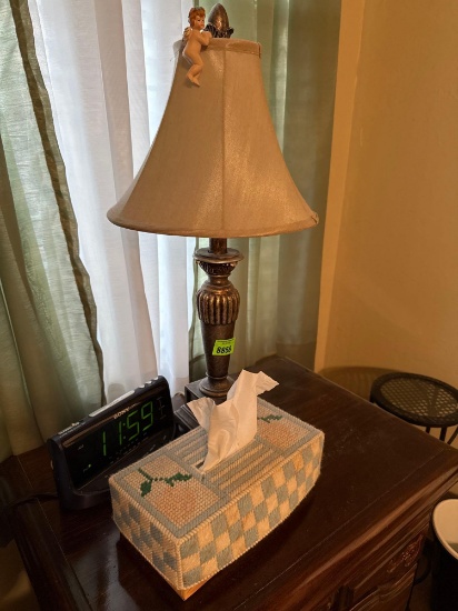 tissue box, lamp and clock