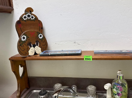 wooden holder, wooden dog and decor